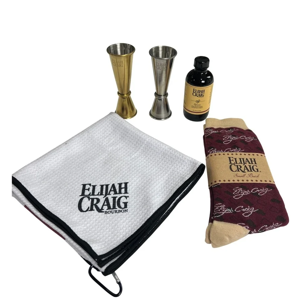 Elijah Craig Bourbon Barware Set‎ Jiggers Syrup Socks Towel Maroon White New A71